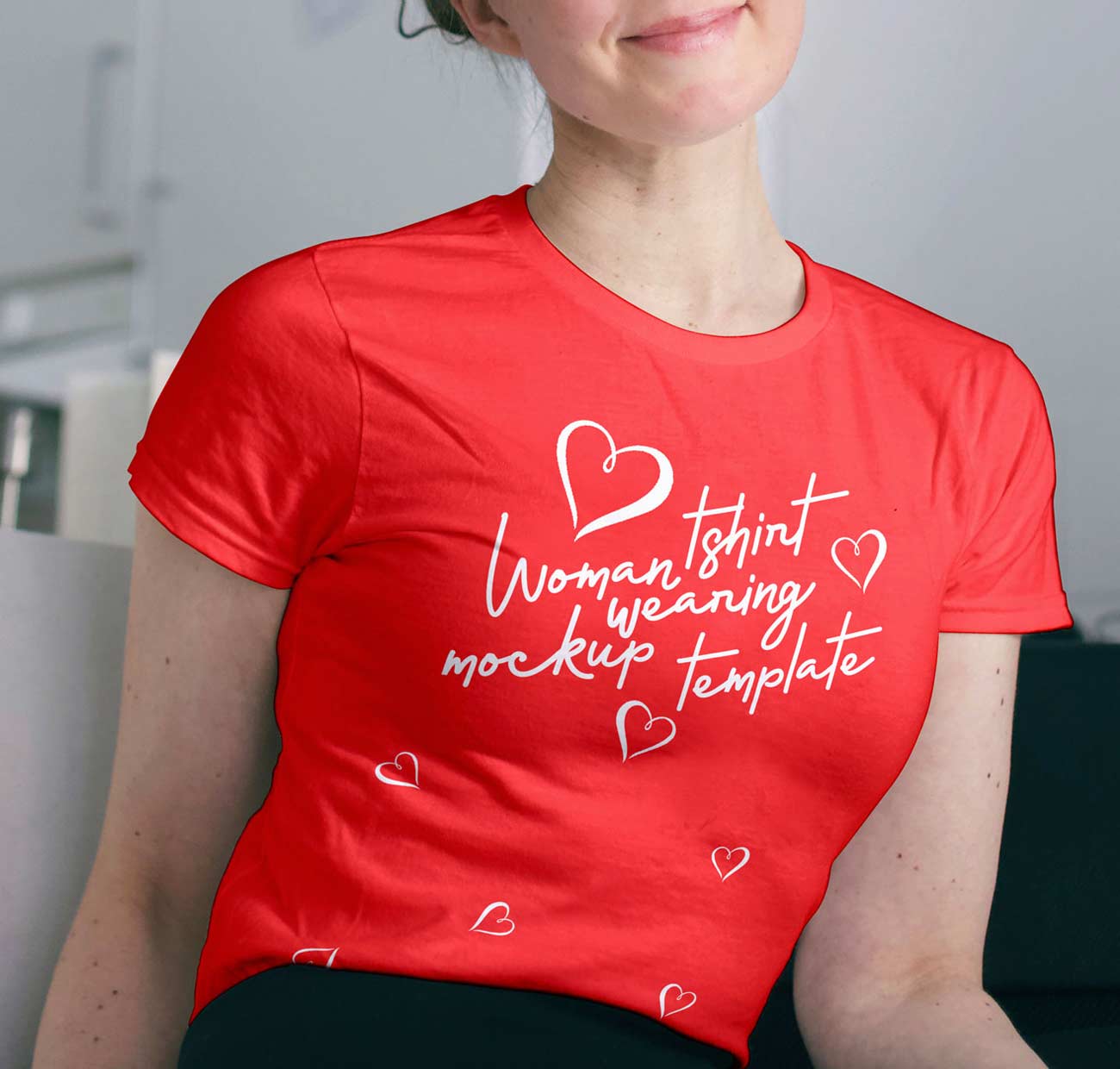 Free Smiling Woman Wearing TShirt Mockup Template